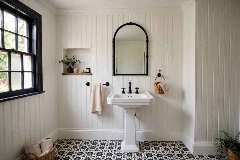 bathrooms with pedestal sinks: open shelves and baskets beside a pedestal basin