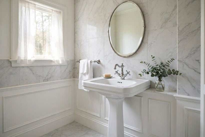 bathrooms with pedestal sinks: brushed brass taps on a white pedestal basin