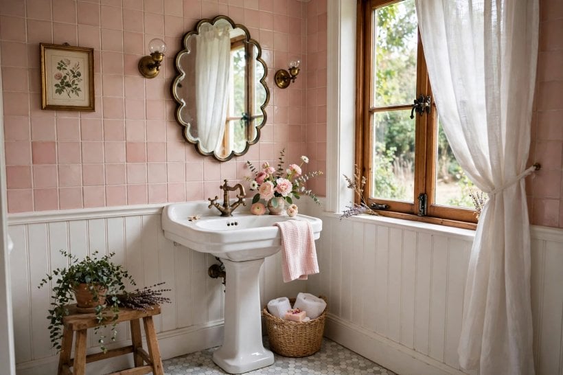 bathrooms with pedestal sinks: sage green walls with a white pedestal and wooden accents