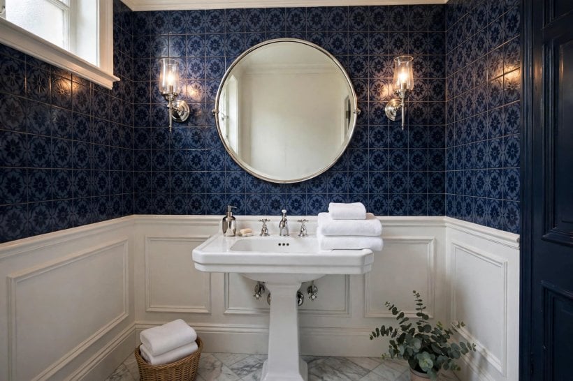 bathrooms with pedestal sinks: styled pedestal with plant, towels and a small stool