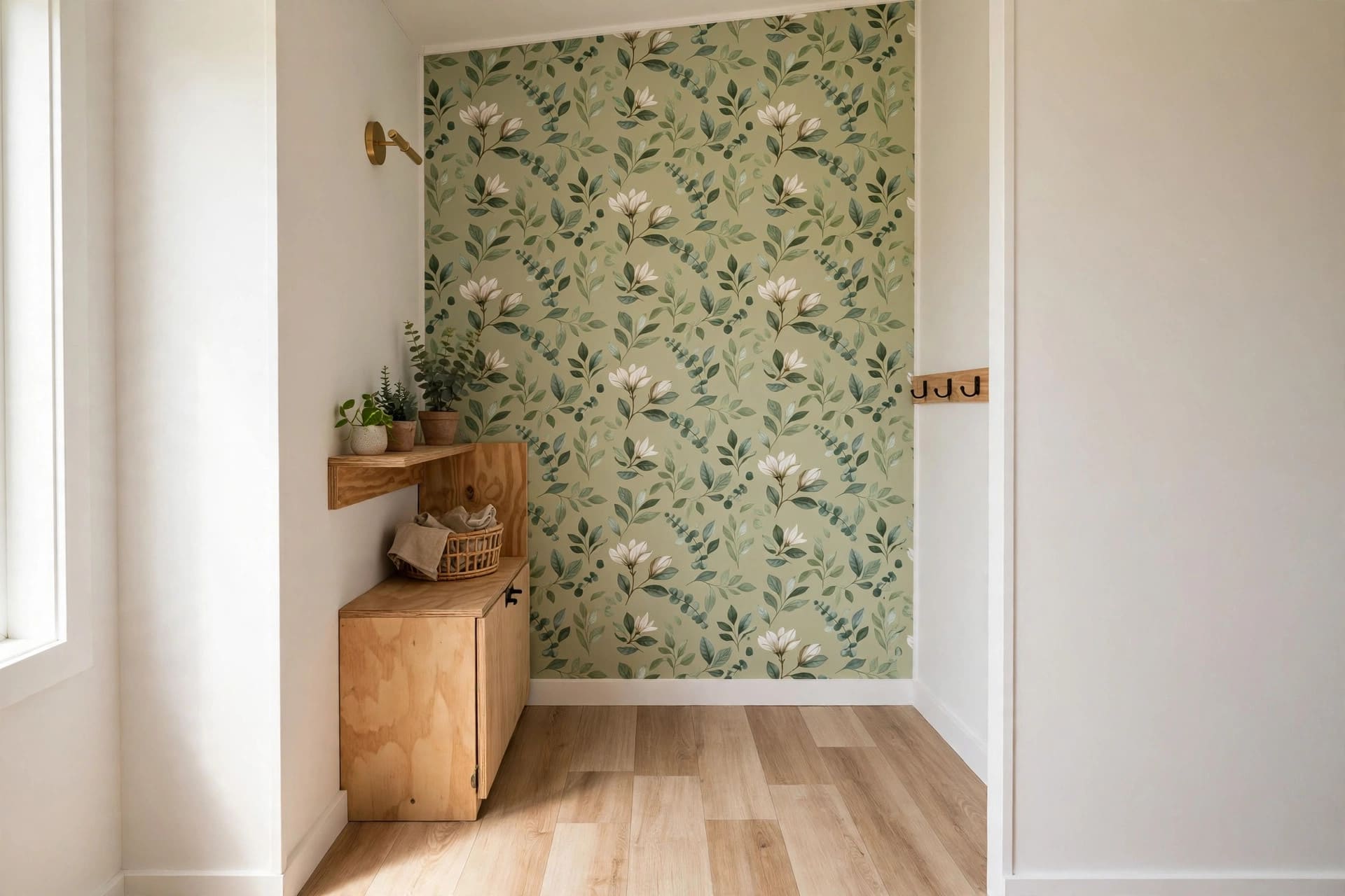 peel and stick tiny house walls refreshed with stick-on wallpaper and plank flooring