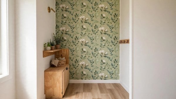 peel and stick tiny house walls refreshed with stick-on wallpaper and plank flooring