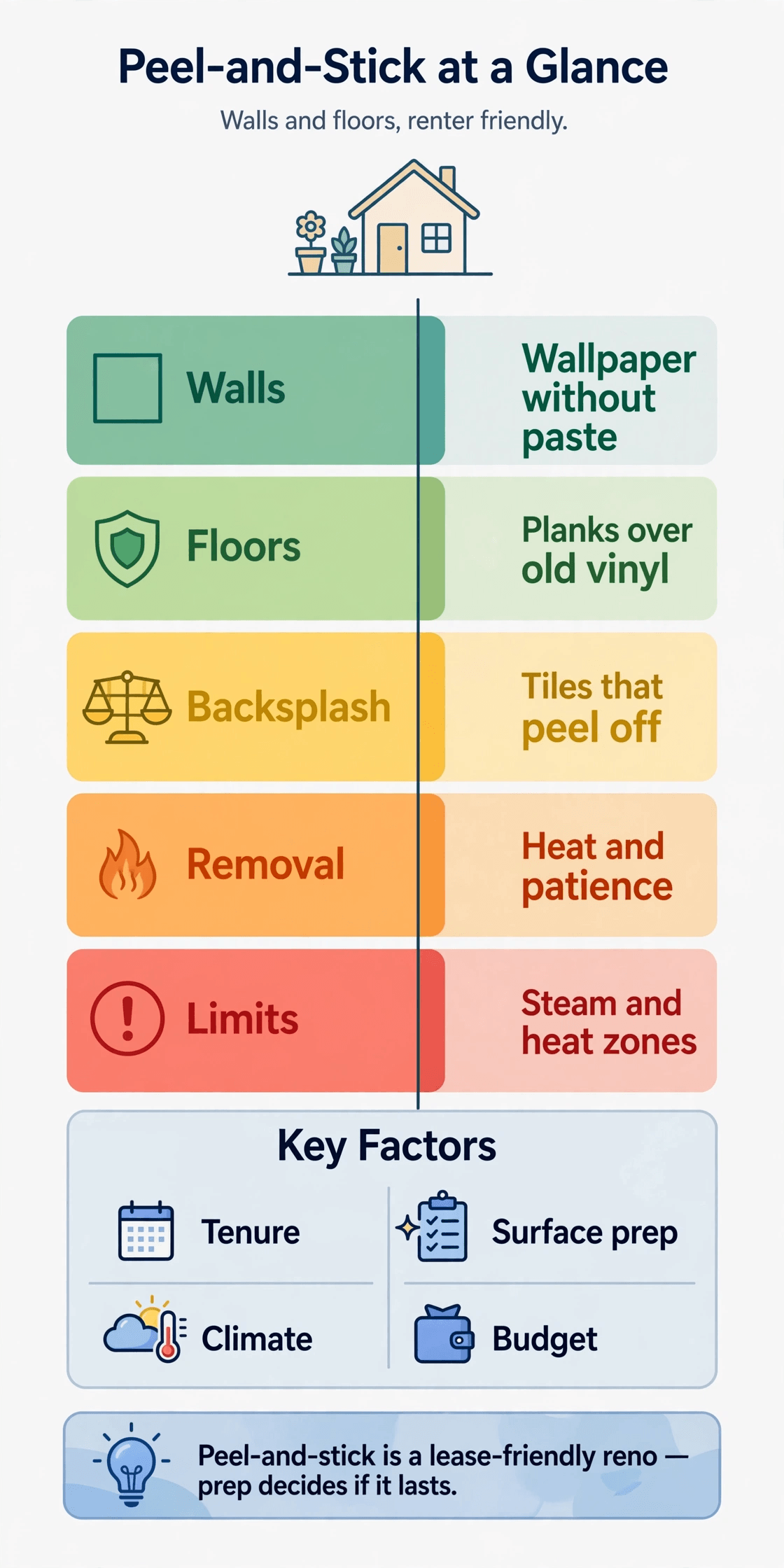 peel and stick tiny house infographic summarising stick-on wall and floor ideas, preparation and removal