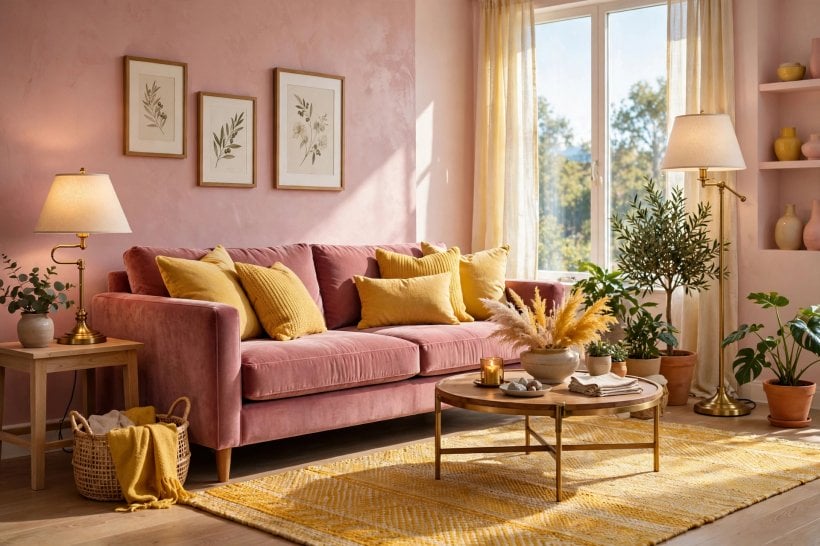 pink and yellow: blush walls with butter-toned cushions