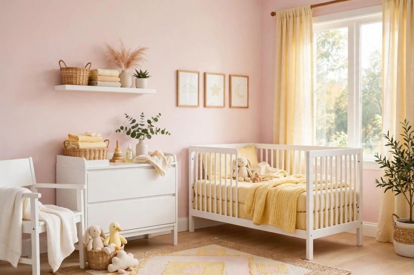 pink and yellow: soft bedroom with golden throw