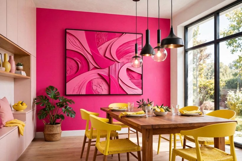 pink and yellow: cheerful kitchen with sunny stools