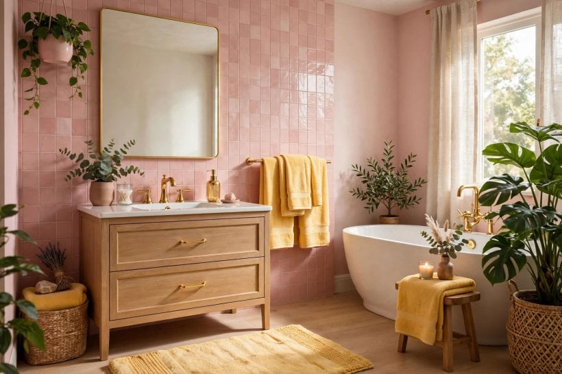 pink and yellow: hallway with a golden runner