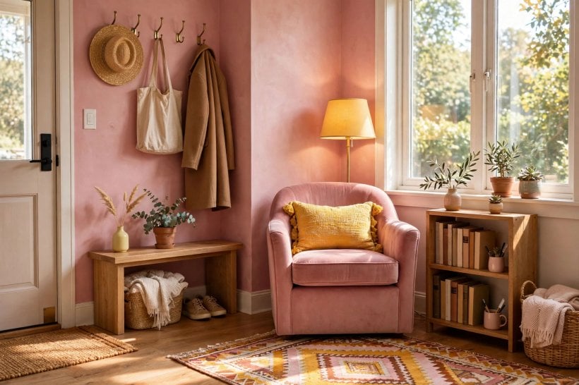 pink and yellow: patterned cushions and framed prints