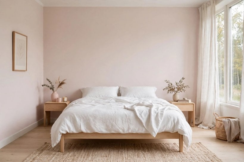 pink bedroom ideas: soft blush bedding with layered cushions