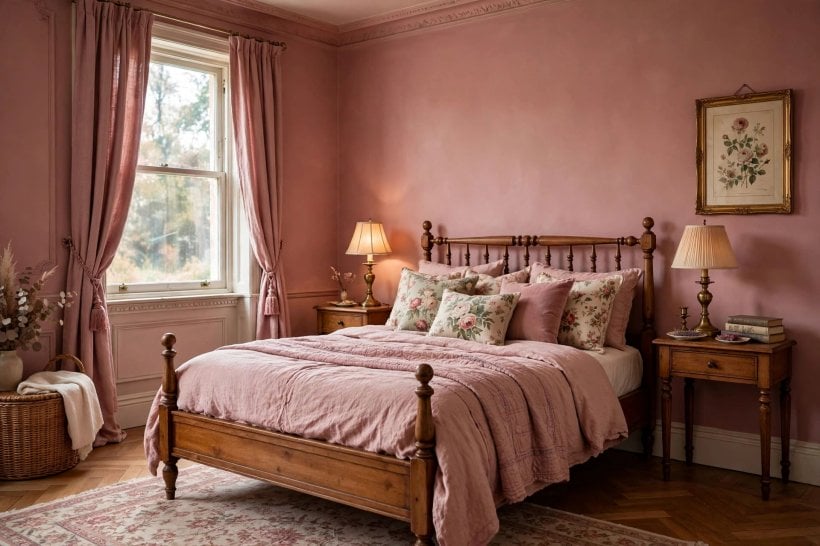 pink bedroom ideas: pale pink walls with white painted furniture