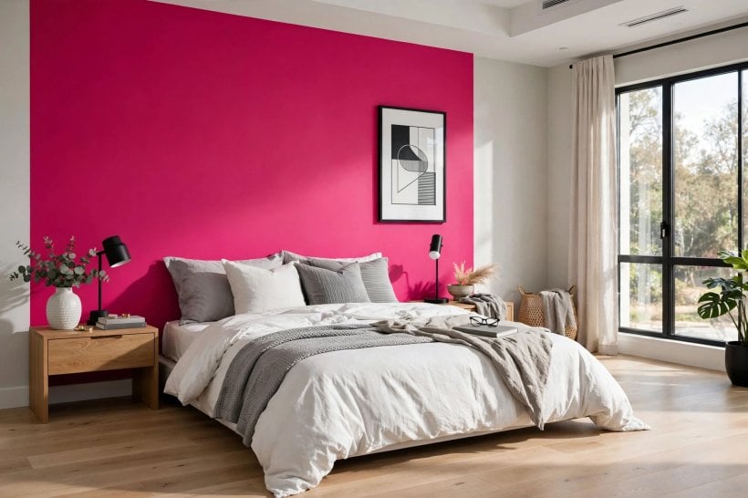 pink bedroom ideas: dusty pink curtains beside a bright window