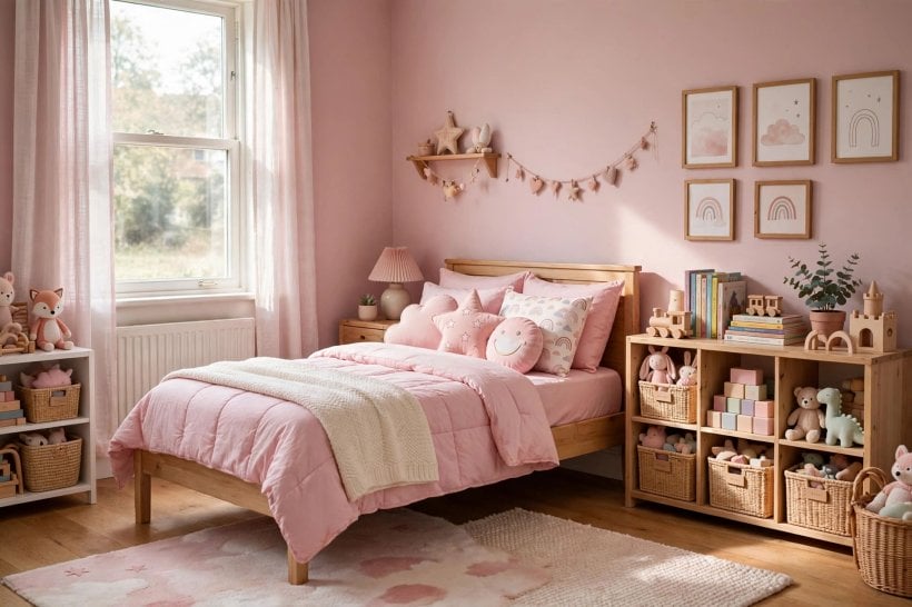 pink bedroom ideas: tidy dressing table with simple storage boxes