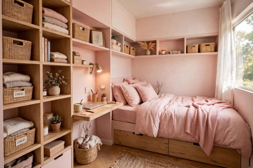 pink bedroom ideas: quiet reading corner with a rose cushion