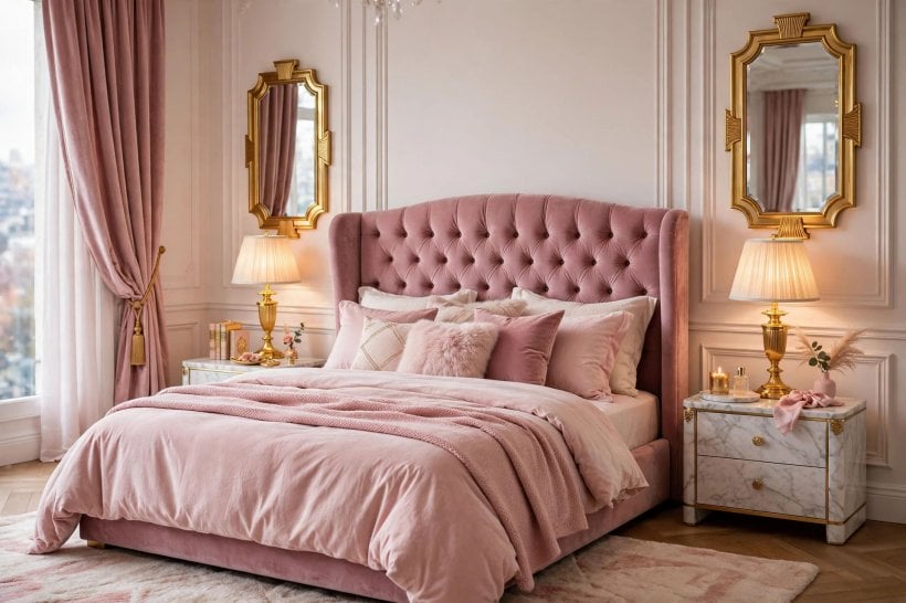 pink bedroom ideas: blush throw with warm bedside lighting