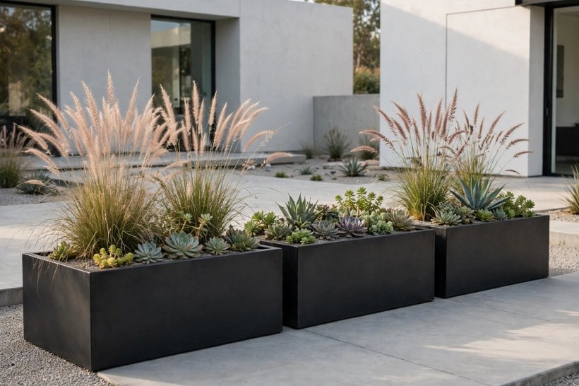 planter box ideas: timber boxes lined along a sunny garden path