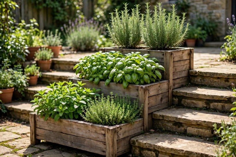 planter box ideas: mixed flowers and foliage in a long trough
