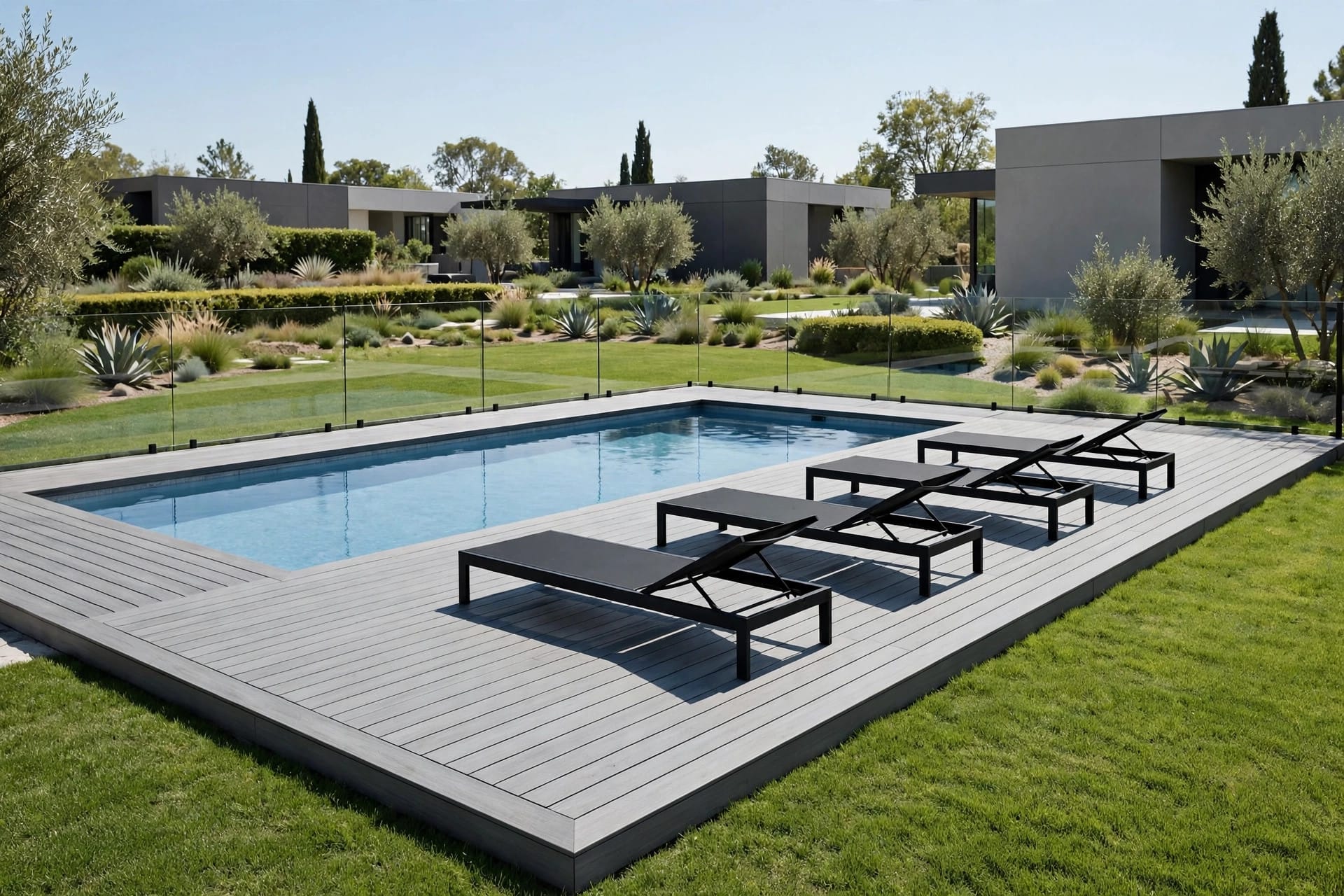 pool deck ideas: wide timber deck wrapping a rectangular pool