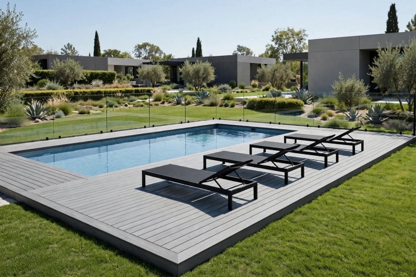 pool deck ideas: wide timber deck wrapping a rectangular pool