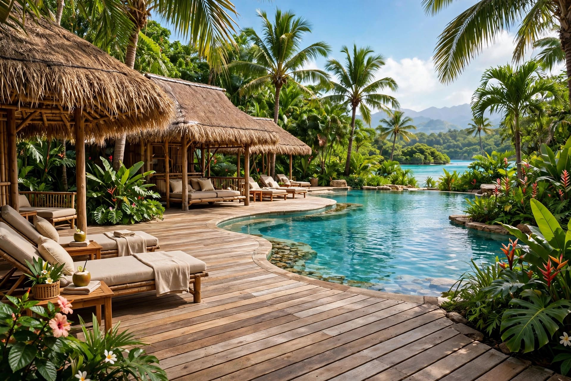 pool deck ideas: pale stone paving with loungers and parasols