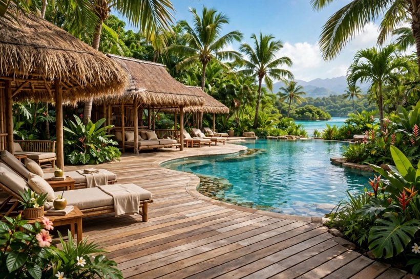 pool deck ideas: pale stone paving with loungers and parasols