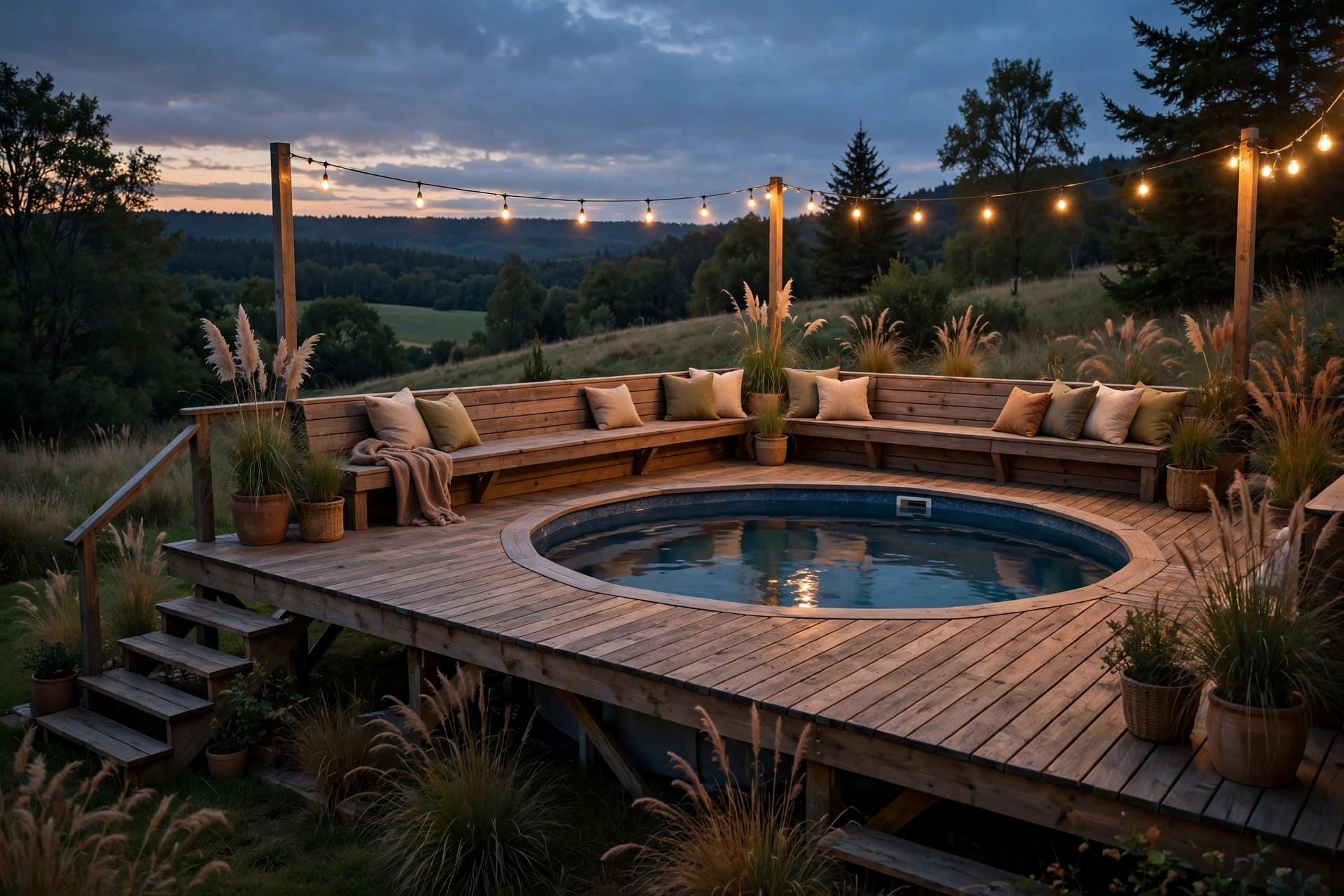 pool deck ideas: composite boards with built-in bench seating