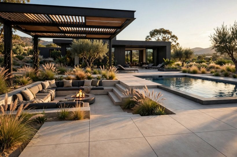 pool deck ideas: evening lighting along a poolside deck