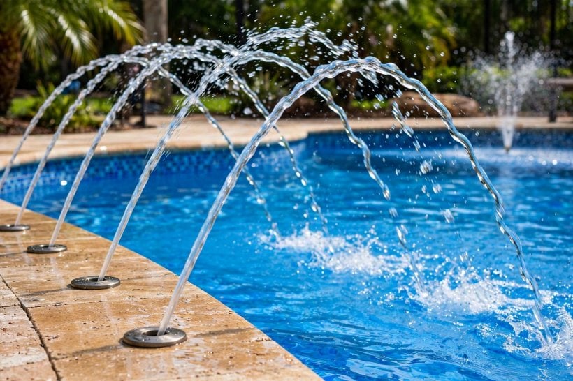 pool fountain ideas: classic tiered stone fountain centred on a formal pool with clipped planting