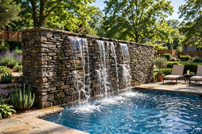 pool fountain ideas: raised stone wall with three metal spouts pouring clear arcs into a pool