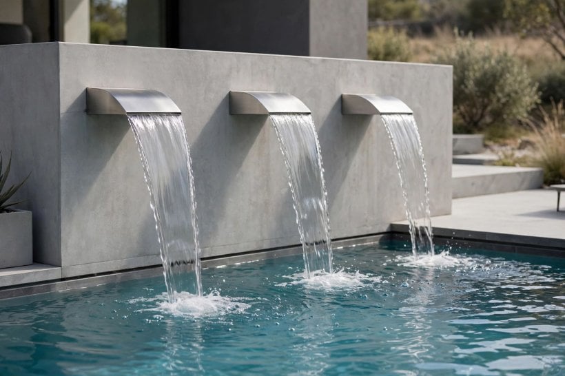 pool fountain ideas: gentle bubblers foaming on a shallow sun shelf at the edge of a family pool