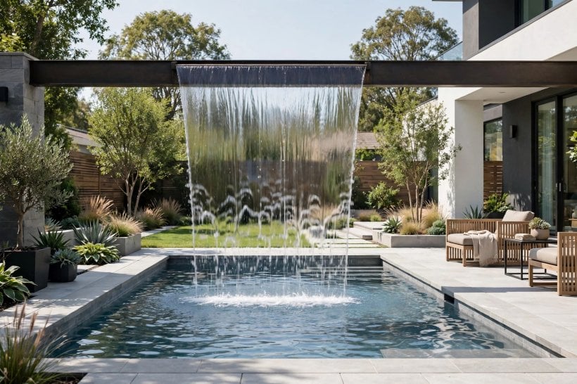 pool fountain ideas: neat plant room plumbing with a dedicated fountain pump, valves and labelled pipework