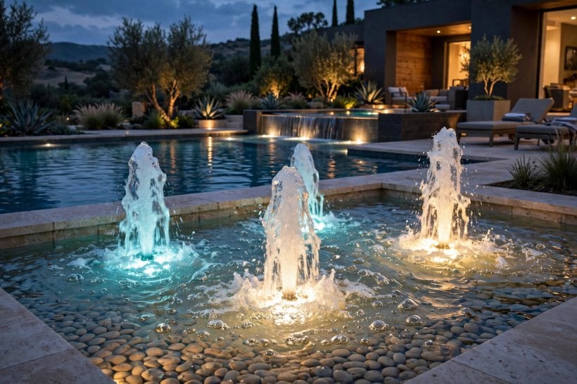 pool fountain ideas: softly lit sheet of water glowing at dusk with warm lights beneath the surface