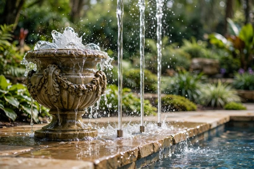 pool fountain ideas: single elegant spout over a compact plunge pool in a small walled garden