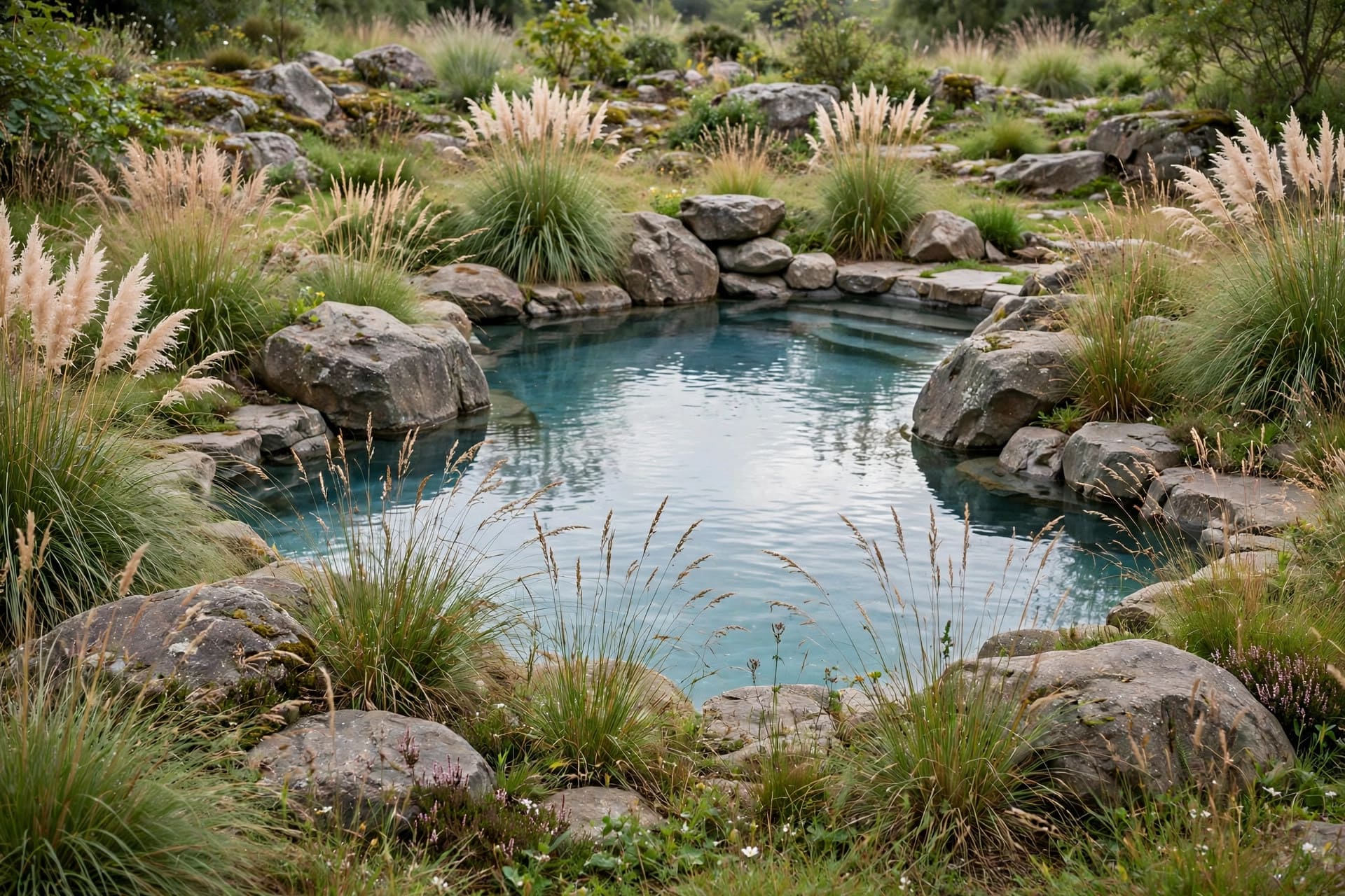 pool landscaping: lush green planting softening a pool edge