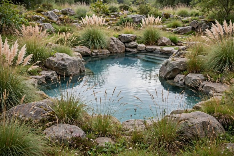 pool landscaping: lush green planting softening a pool edge