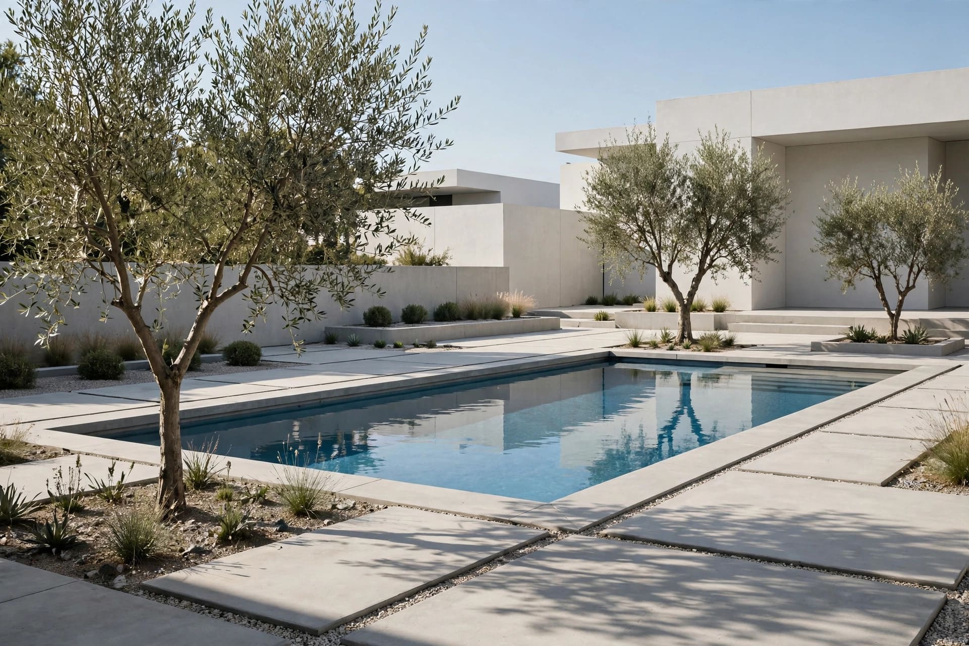 pool landscaping: timber decking with loungers beside the water