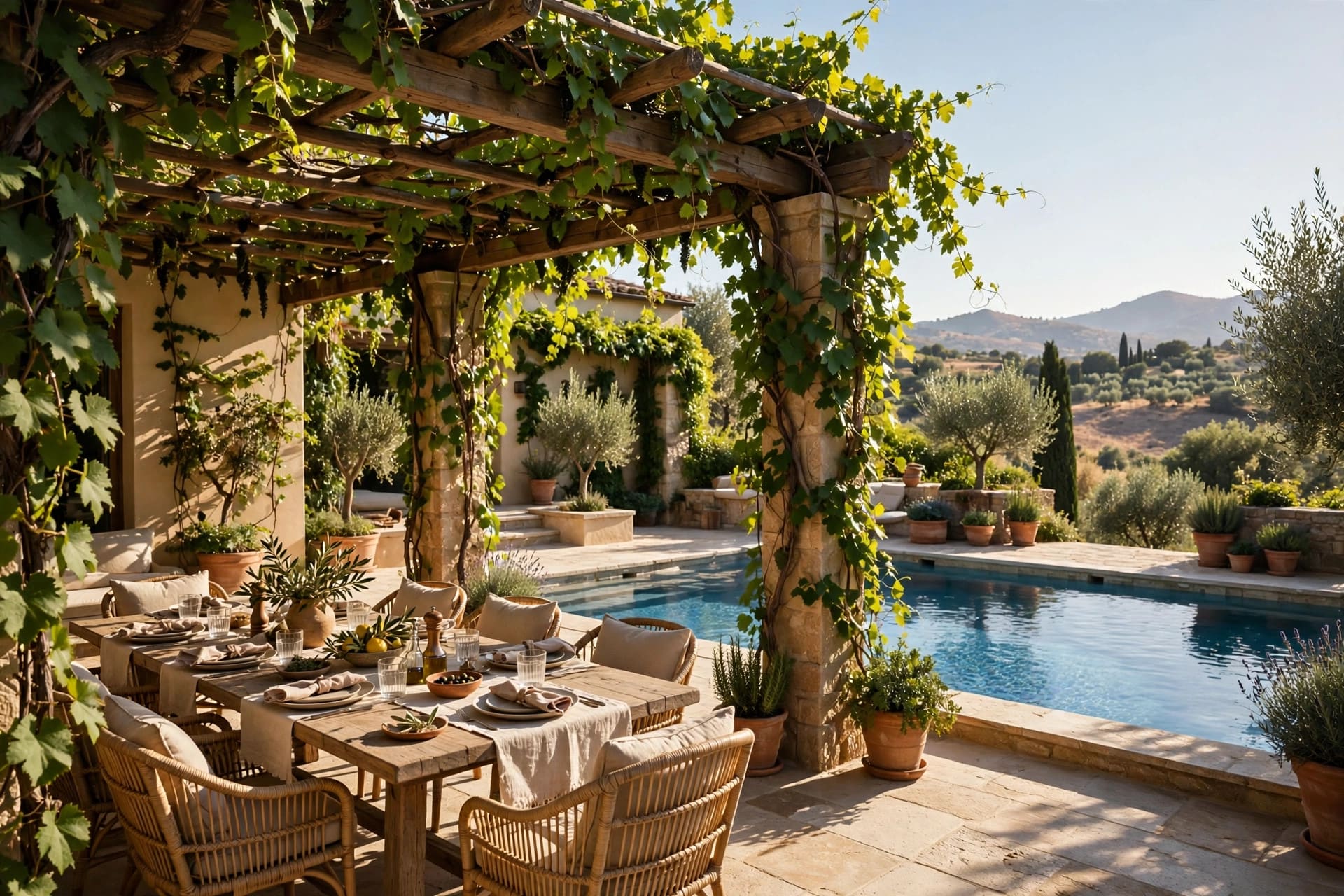 pool landscaping: tall privacy planting screening a swimming pool