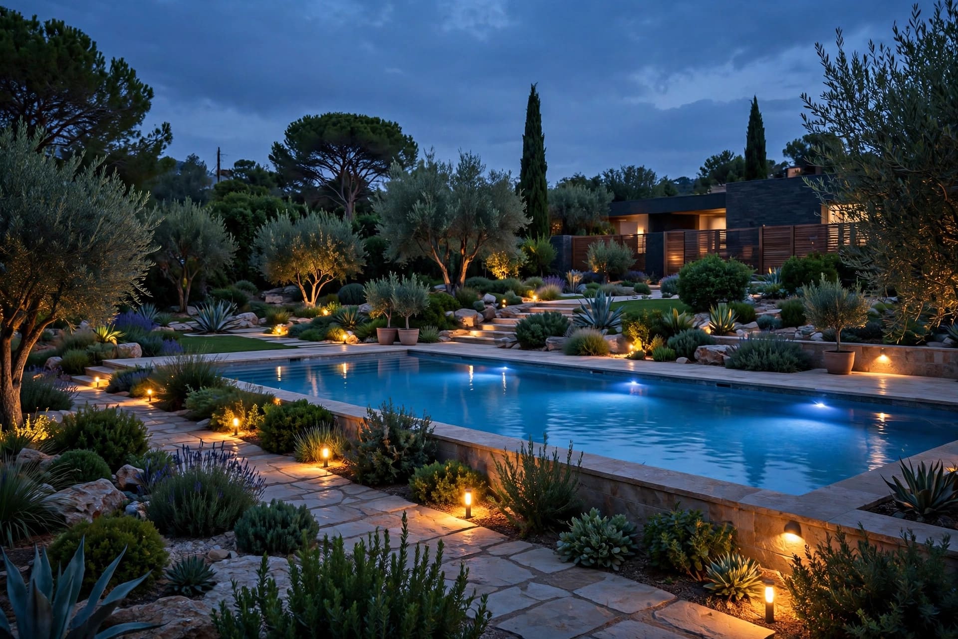 pool landscaping: shaded pergola and seating beside a pool