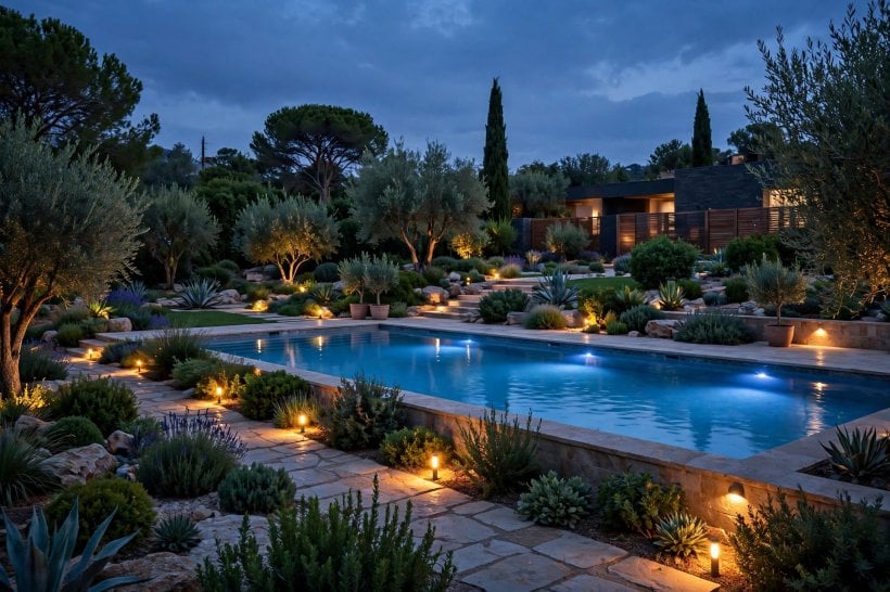 pool landscaping: shaded pergola and seating beside a pool