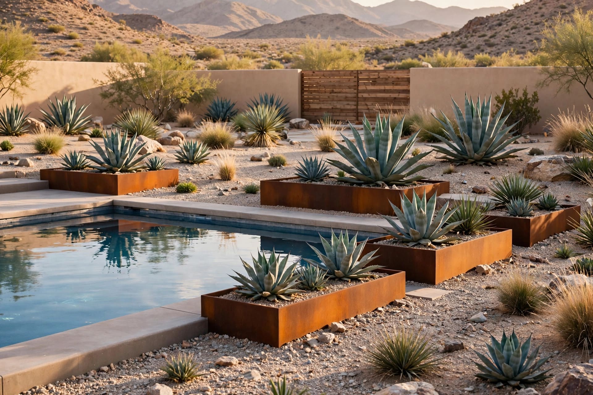 pool landscaping: compact plunge pool with built-in seating