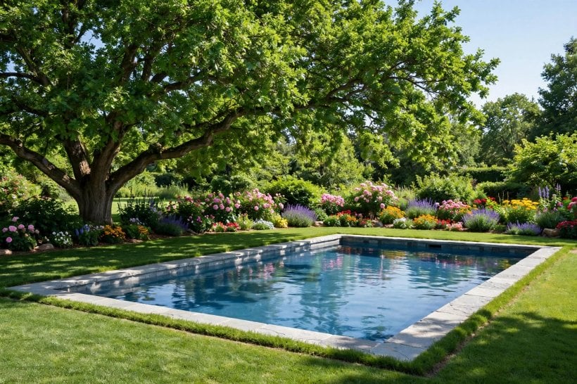 pool landscaping: low-maintenance stone and planting around a pool