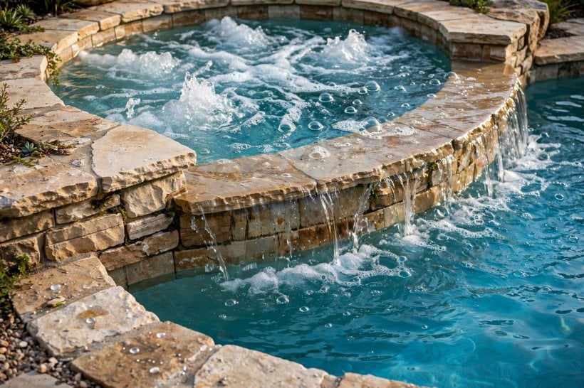 pool designs with spa: rectangular pool with a raised round spa and pale stone coping