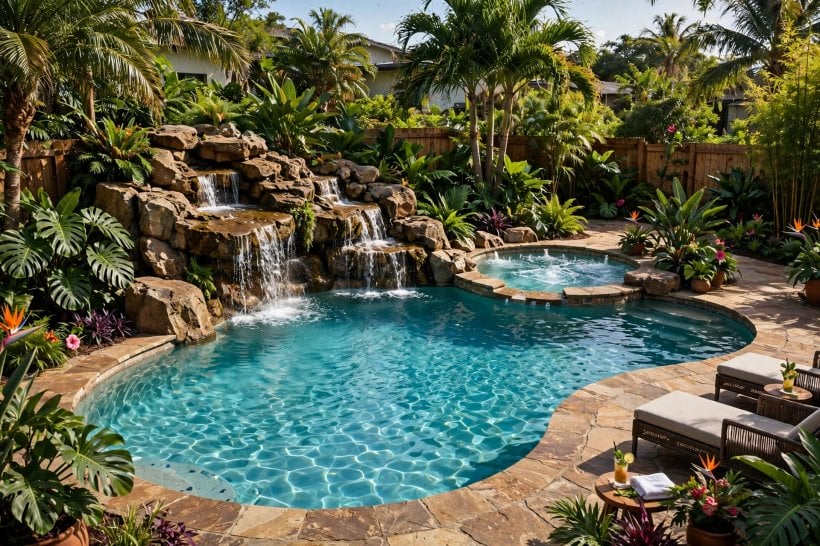 pool designs with spa: compact backyard pool with an integrated spa in deep blue tile