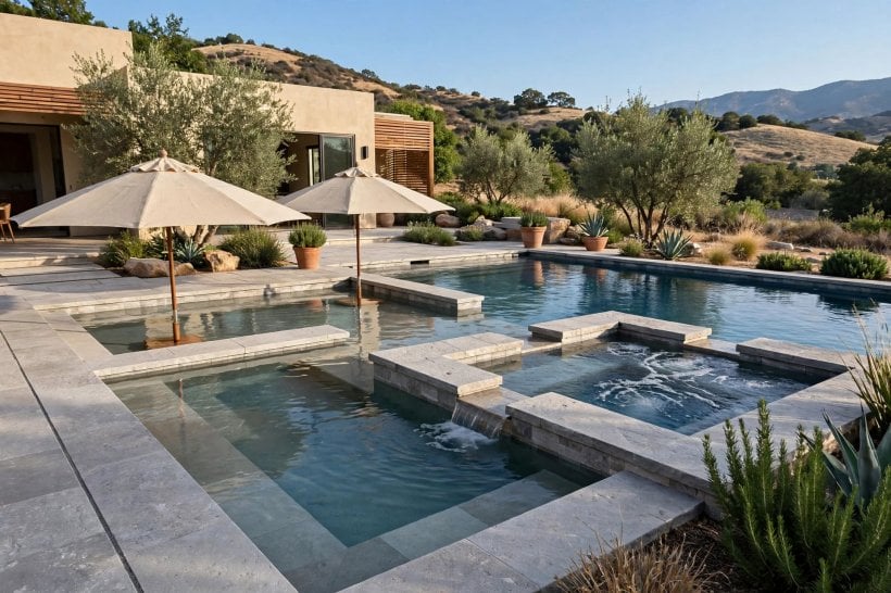 pool designs with spa: freeform pool and spa softened by planting and a waterfall
