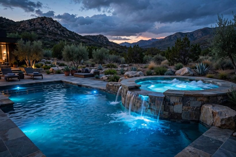 pool designs with spa: modern pool with a spillover spa and wide timber decking