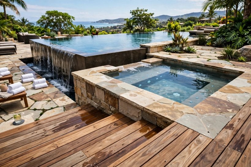pool designs with spa: resort style pool and spa glowing under evening lighting