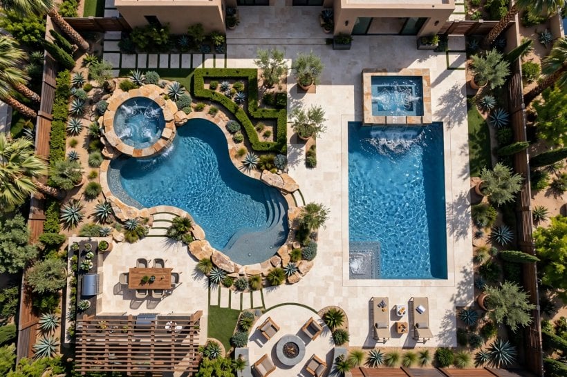 pool designs with spa: family pool with a tanning ledge beside the spa