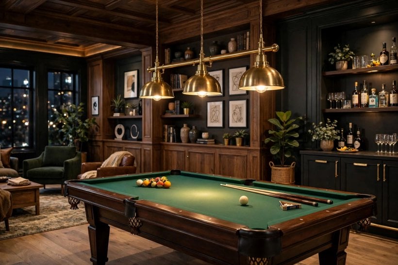 pool table room layout: table centred on low-pile carpet with seating along the walls