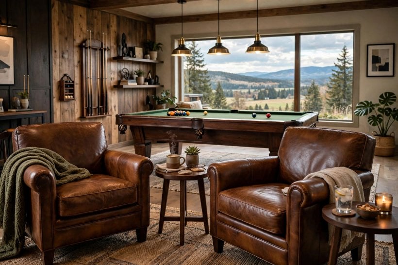 pool table room layout: deep green walls with warm wood and brass accents