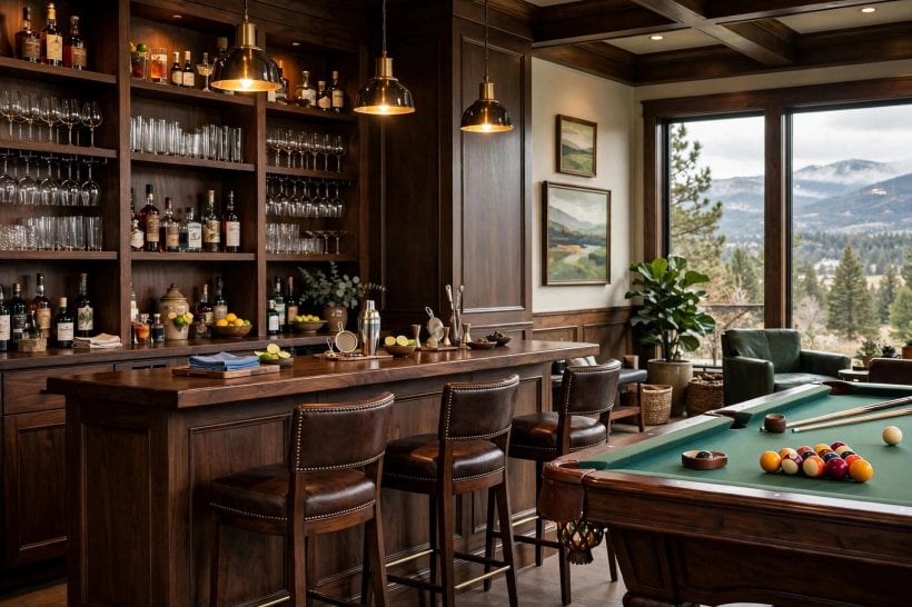 pool table room layout: three pendant lights centred evenly over the playing surface