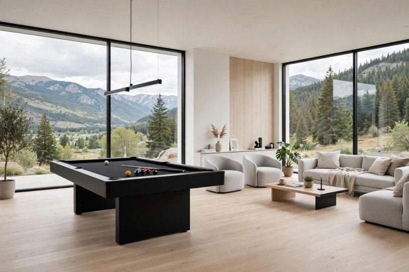 pool table room layout: finished games room with seating, storage and warm lighting